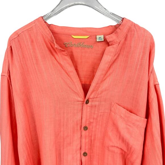 Caribbean Men’s 2X TALL Coral Orange Collarless Long Sleeve Button Up Shirt - Picture 3 of 8